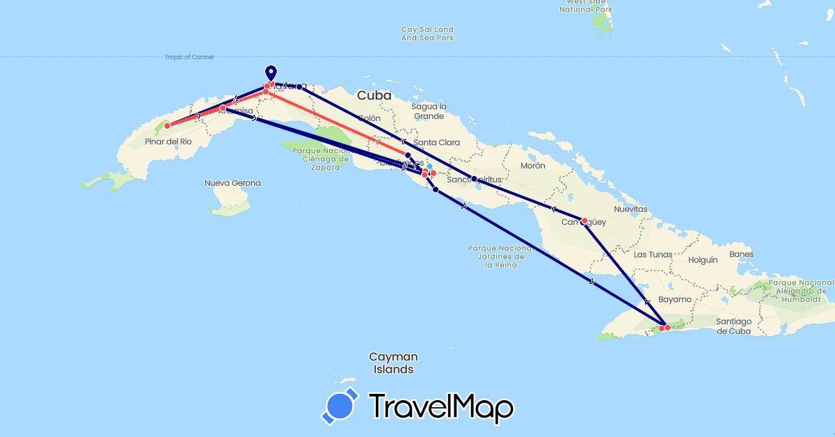TravelMap itinerary: driving, plane, hiking, boat in Cuba (North America)